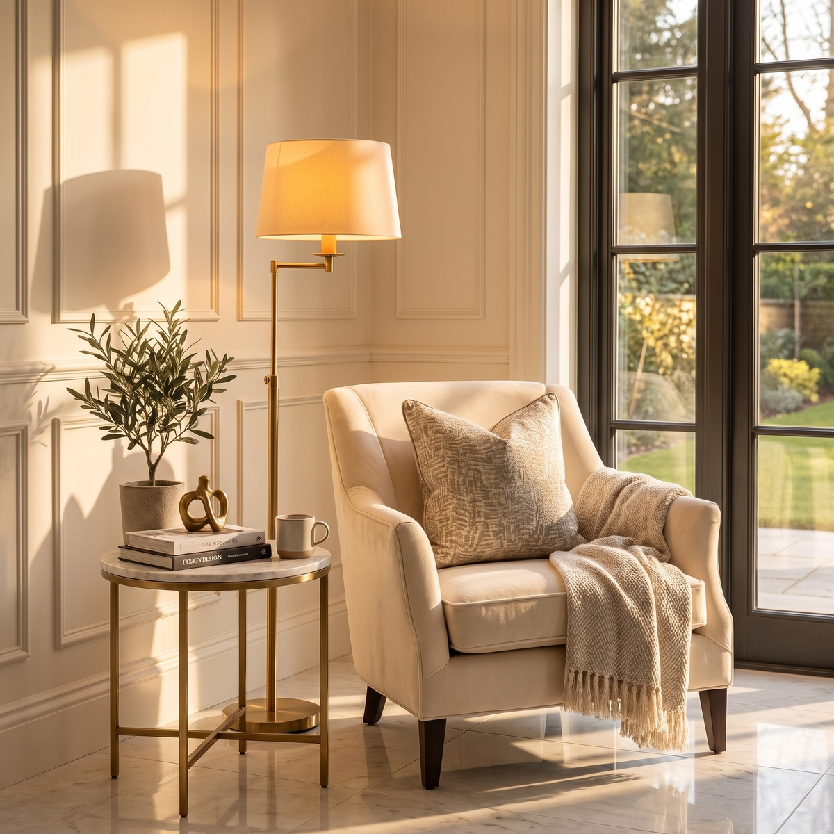 Cosy lamp lit reading corner